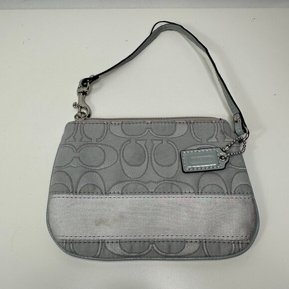 Coach Signature C Logo Gray Blue Jacquard Zip Wristlet Purse Bag Wallet - Picture 1 of 9